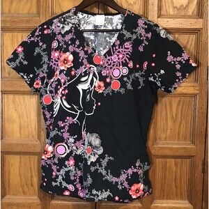 Disney Tinkerbell & Flowers Top Women's L Black Pink V-neck SS Cinch Back Scrub
